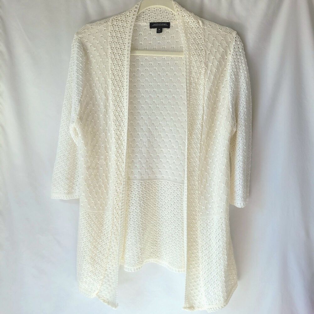 Notations Crochet Knit Cardigan Top Lightweight Boho 3/4 Sleeve White Medium